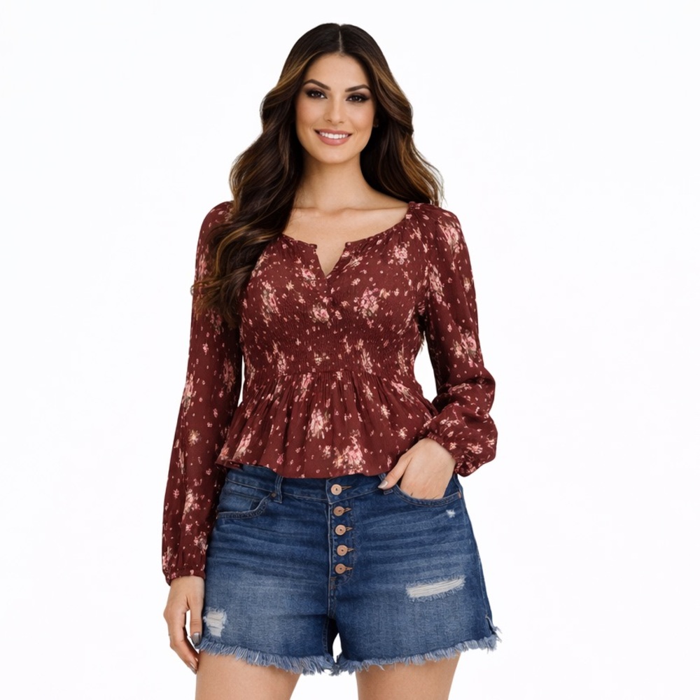 Planet Gold floral smocked woven peplum top size medium Junior Boho style